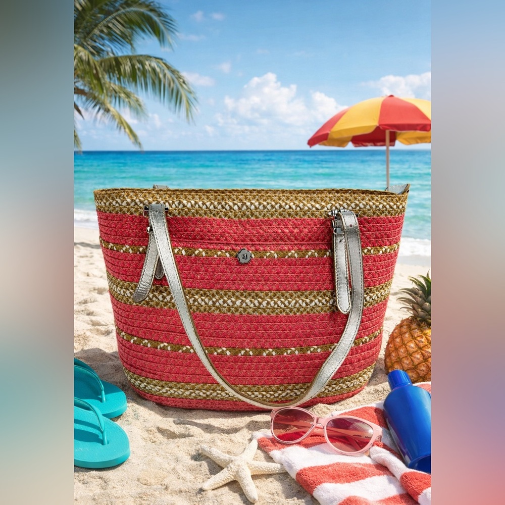 Eric Javits Coral Gold Silver Woven Medium Summer Vacation Vibe Tote Bag